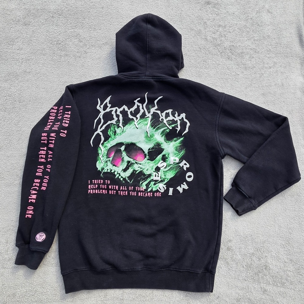 Broken Promises Hoodie Mens Medium Black Green Flaming Skull Problems Pullover